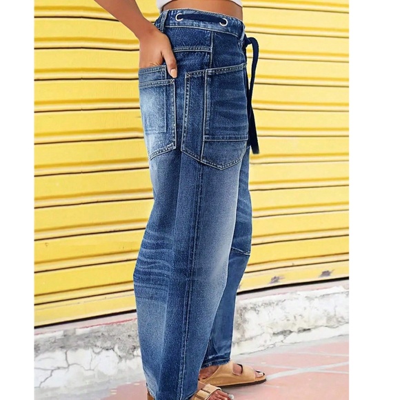 Medium Wash Pockets Drawstring Waist Straight Leg Denim Jean Pants - Picture 3 of 6
